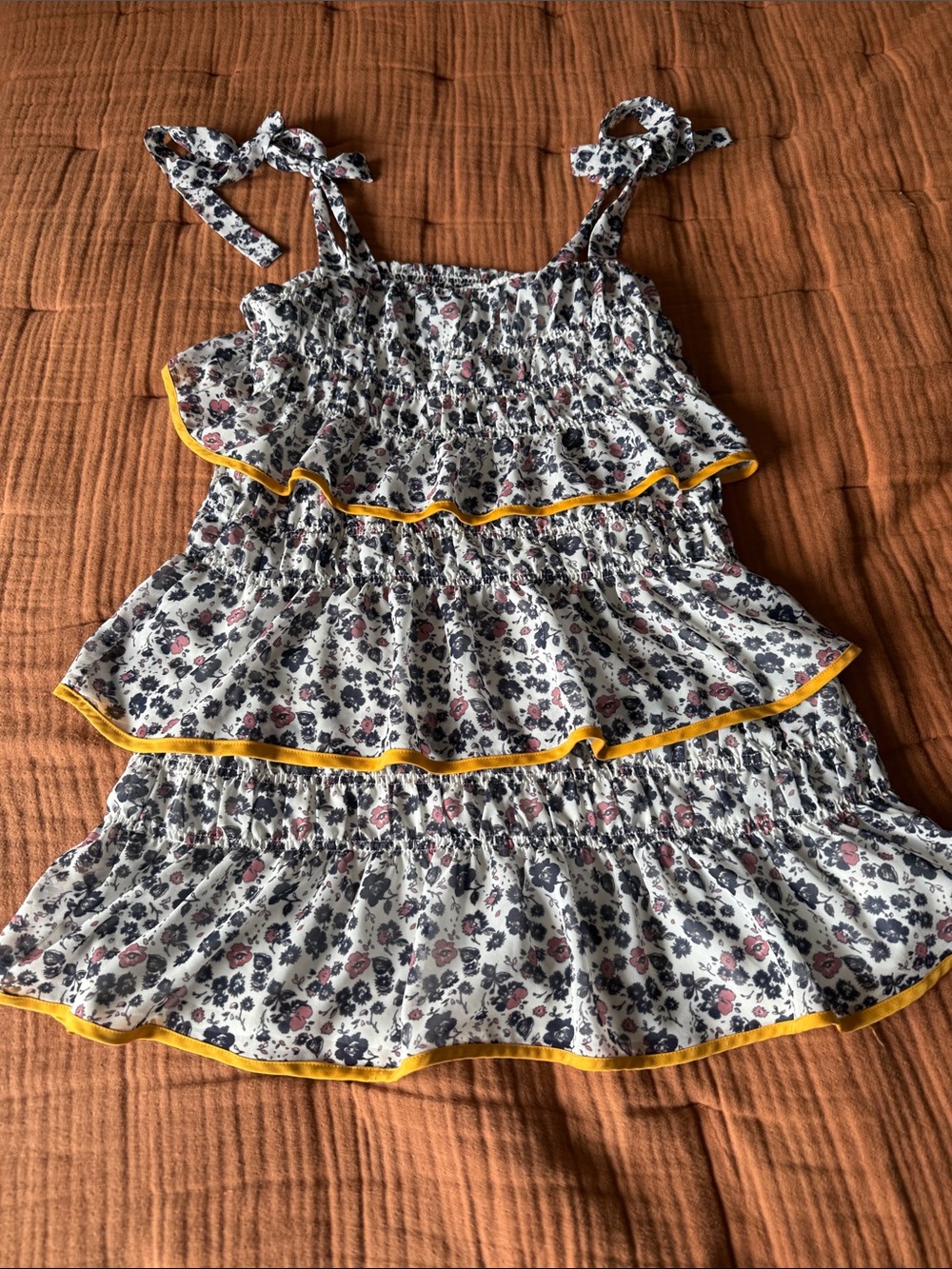 Tularosa White Floral Tiered Tank Top with Yellow Trim